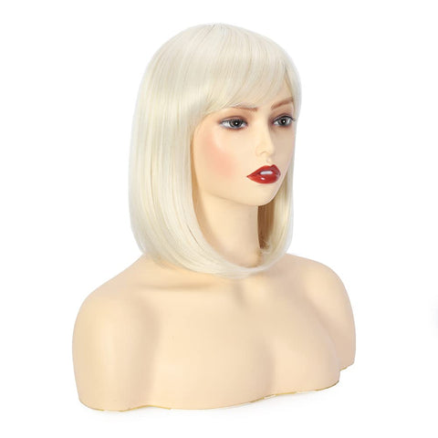 Qp hairShort Straight Blonde Bob Wig with Bangs Platinum White Blonde Hair Heat Resistant Synthetic Wig 12 Inch Costume Party Cosplay Wigs for Women