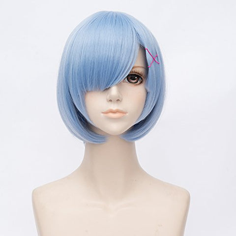 Qp hairShort Blue Wig for Rem Cosplay Girl Women Anime Cute Bob Wigs with Bangs for Halloween + Free Cap