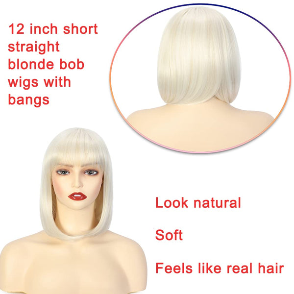 Qp hairShort Straight Blonde Bob Wig with Bangs Platinum White Blonde Hair Heat Resistant Synthetic Wig 12 Inch Costume Party Cosplay Wigs for Women