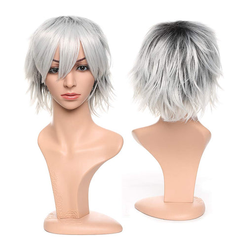 Qp hairUnisex Women Mens Male Short Black Fluffy Straight Hair Wigs Anime Cosplay Party Dress Costume Synthetic Wig