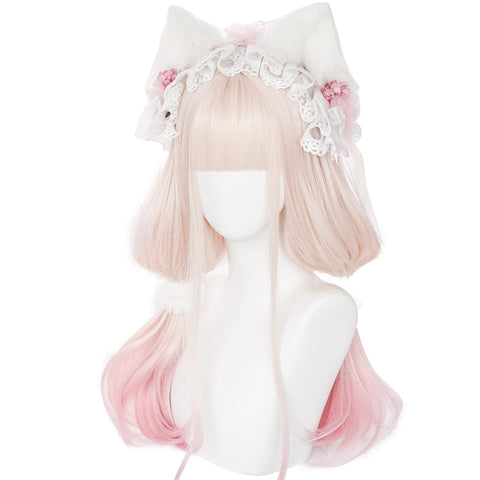 Qp hairOmbre Pastel Pink Wig with Bangs for Kids Women Long Straight Harajuku Gradient Blonde Hair Girls Kawaii Cute Cosplay Wig for Halloween Party + Cap