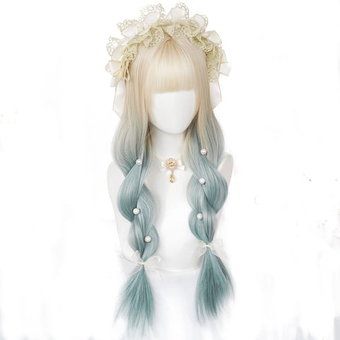 Qp hairOmbre Pastel Pink Wig with Bangs for Kids Women Long Straight Harajuku Gradient Blonde Hair Girls Kawaii Cute Cosplay Wig for Halloween Party + Cap