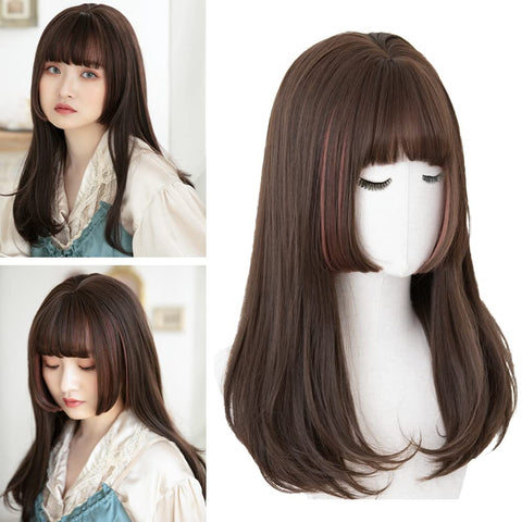Qp hairBRIGHT LELE Natural Full Long Straight Hime Cut Hair With Air Bangs Wigs for Women Synthetic Straight Hair Wig for Daily Party Cosplay Wig HF1127-TR/G