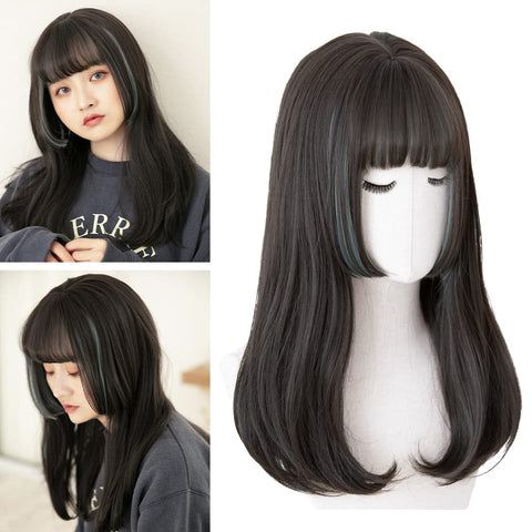 Qp hairBRIGHT LELE Natural Full Long Straight Hime Cut Hair With Air Bangs Wigs for Women Synthetic Straight Hair Wig for Daily Party Cosplay Wig HF1127-TR/G