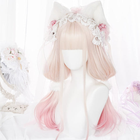 Qp hairOmbre Pastel Pink Wig with Bangs for Kids Women Long Straight Harajuku Gradient Blonde Hair Girls Kawaii Cute Cosplay Wig for Halloween Party + Cap