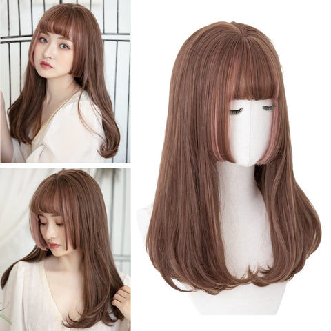 Qp hairBRIGHT LELE Natural Full Long Straight Hime Cut Hair With Air Bangs Wigs for Women Synthetic Straight Hair Wig for Daily Party Cosplay Wig HF1127-TR/G