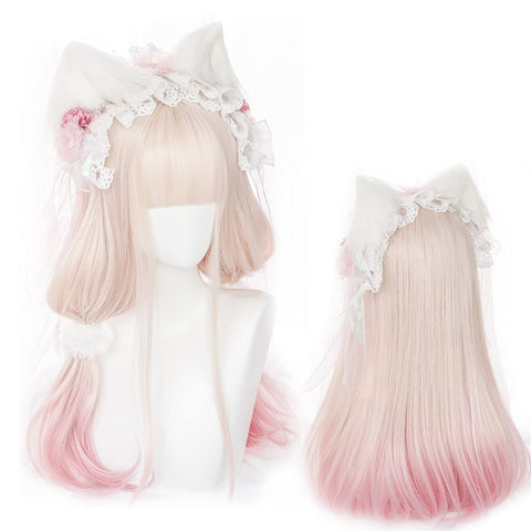 Qp hairOmbre Pastel Pink Wig with Bangs for Kids Women Long Straight Harajuku Gradient Blonde Hair Girls Kawaii Cute Cosplay Wig for Halloween Party + Cap