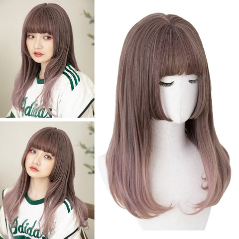 Qp hairBRIGHT LELE Natural Full Long Straight Hime Cut Hair With Air Bangs Wigs for Women Synthetic Straight Hair Wig for Daily Party Cosplay Wig HF1127-TR/G