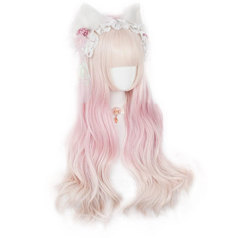 Qp hairOmbre Pastel Pink Wig with Bangs for Kids Women Long Straight Harajuku Gradient Blonde Hair Girls Kawaii Cute Cosplay Wig for Halloween Party + Cap