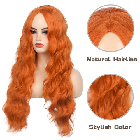 Qp hairBeweig Long Curly Wavy Orange Wig Middle Part Synthetic Hair Replacement Wig for Cosplay Daily Use