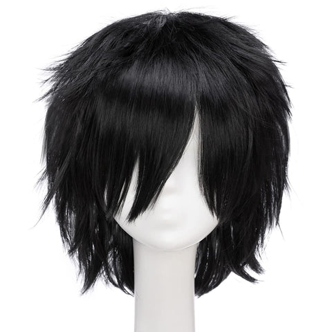 Qp hairUnisex Women Mens Male Short Black Fluffy Straight Hair Wigs Anime Cosplay Party Dress Costume Synthetic Wig