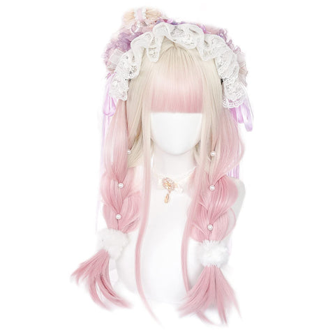 Qp hairOmbre Pastel Pink Wig with Bangs for Kids Women Long Straight Harajuku Gradient Blonde Hair Girls Kawaii Cute Cosplay Wig for Halloween Party + Cap