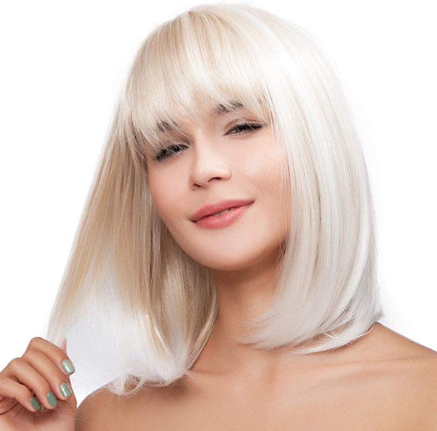 Qp hairShort Straight Blonde Bob Wig with Bangs Platinum White Blonde Hair Heat Resistant Synthetic Wig 12 Inch Costume Party Cosplay Wigs for Women