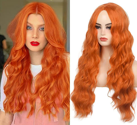 Qp hairBeweig Long Curly Wavy Orange Wig Middle Part Synthetic Hair Replacement Wig for Cosplay Daily Use