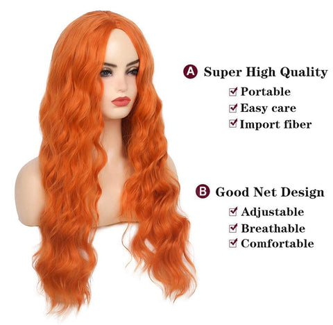 Qp hairBeweig Long Curly Wavy Orange Wig Middle Part Synthetic Hair Replacement Wig for Cosplay Daily Use