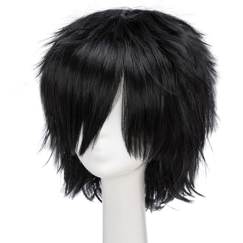 Qp hairUnisex Women Mens Male Short Black Fluffy Straight Hair Wigs Anime Cosplay Party Dress Costume Synthetic Wig