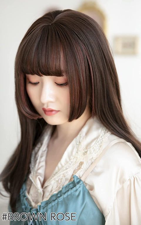 Qp hairBRIGHT LELE Natural Full Long Straight Hime Cut Hair With Air Bangs Wigs for Women Synthetic Straight Hair Wig for Daily Party Cosplay Wig HF1127-TR/G