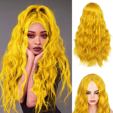 Qp hairBeweig Long Curly Wavy Orange Wig Middle Part Synthetic Hair Replacement Wig for Cosplay Daily Use