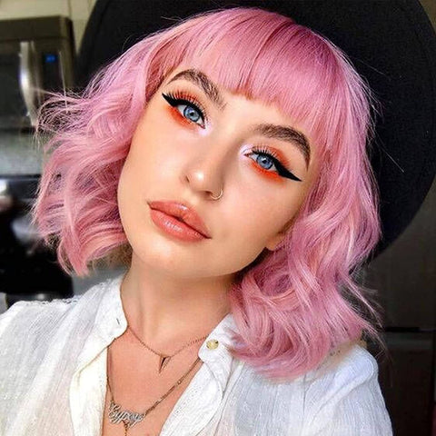 Qp hairTRUMOST Pink Short Curly Wavy Bob Wigs with Air Bangs - Pastel Realistic Shoulder Length Hair Wig Heat Resistant Synthetic Wig for Women Girls Daily Party Cosplay Use 12 inches