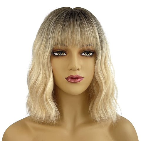 Qp hairTRUMOST Pink Short Curly Wavy Bob Wigs with Air Bangs - Pastel Realistic Shoulder Length Hair Wig Heat Resistant Synthetic Wig for Women Girls Daily Party Cosplay Use 12 inches