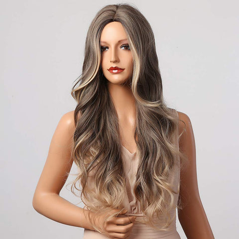 Qp hairPL TREASURE HOME, Long Wave Wig, Ombre Brown Blonde Wig, Daily Party Cosplay Heat Resistant Fiber Wig (30 in)