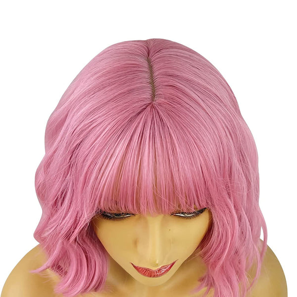 Qp hairTRUMOST Pink Short Curly Wavy Bob Wigs with Air Bangs - Pastel Realistic Shoulder Length Hair Wig Heat Resistant Synthetic Wig for Women Girls Daily Party Cosplay Use 12 inches