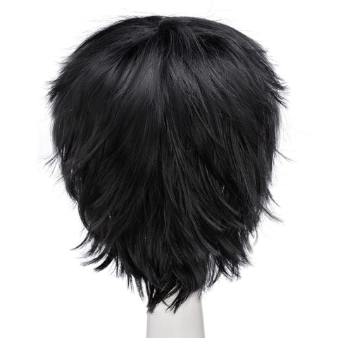 Qp hairUnisex Women Mens Male Short Black Fluffy Straight Hair Wigs Anime Cosplay Party Dress Costume Synthetic Wig