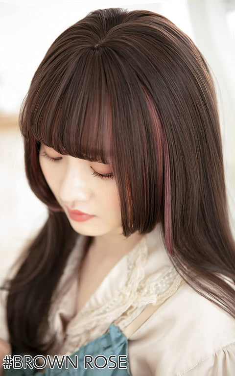 Qp hairBRIGHT LELE Natural Full Long Straight Hime Cut Hair With Air Bangs Wigs for Women Synthetic Straight Hair Wig for Daily Party Cosplay Wig HF1127-TR/G