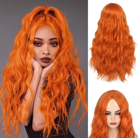 Qp hairBeweig Long Curly Wavy Orange Wig Middle Part Synthetic Hair Replacement Wig for Cosplay Daily Use