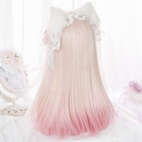 Qp hairOmbre Pastel Pink Wig with Bangs for Kids Women Long Straight Harajuku Gradient Blonde Hair Girls Kawaii Cute Cosplay Wig for Halloween Party + Cap