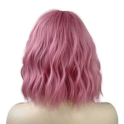 Qp hairTRUMOST Pink Short Curly Wavy Bob Wigs with Air Bangs - Pastel Realistic Shoulder Length Hair Wig Heat Resistant Synthetic Wig for Women Girls Daily Party Cosplay Use 12 inches