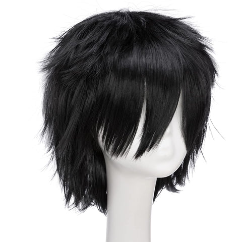 Qp hairUnisex Women Mens Male Short Black Fluffy Straight Hair Wigs Anime Cosplay Party Dress Costume Synthetic Wig