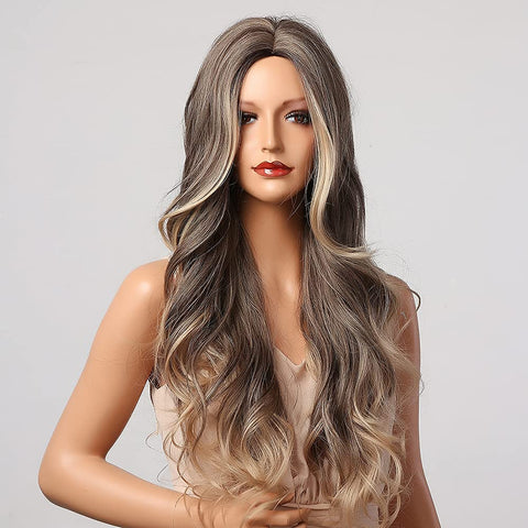 Qp hairPL TREASURE HOME, Long Wave Wig, Ombre Brown Blonde Wig, Daily Party Cosplay Heat Resistant Fiber Wig (30 in)