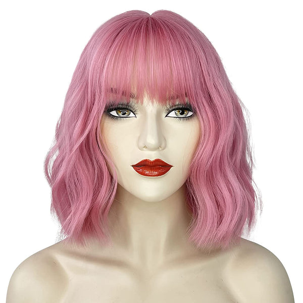 Qp hairTRUMOST Pink Short Curly Wavy Bob Wigs with Air Bangs - Pastel Realistic Shoulder Length Hair Wig Heat Resistant Synthetic Wig for Women Girls Daily Party Cosplay Use 12 inches