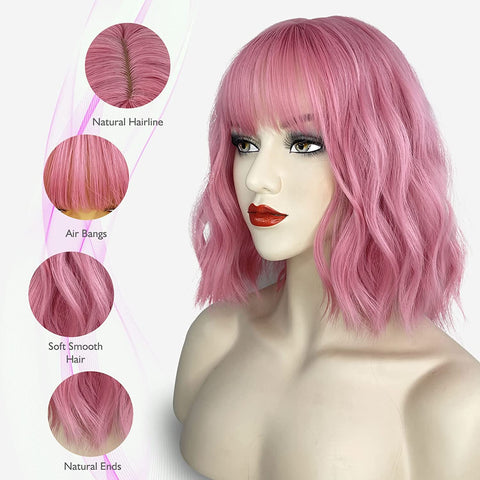 Qp hairTRUMOST Pink Short Curly Wavy Bob Wigs with Air Bangs - Pastel Realistic Shoulder Length Hair Wig Heat Resistant Synthetic Wig for Women Girls Daily Party Cosplay Use 12 inches