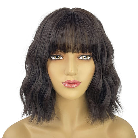 Qp hairTRUMOST Pink Short Curly Wavy Bob Wigs with Air Bangs - Pastel Realistic Shoulder Length Hair Wig Heat Resistant Synthetic Wig for Women Girls Daily Party Cosplay Use 12 inches