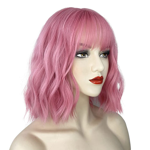 Qp hairTRUMOST Pink Short Curly Wavy Bob Wigs with Air Bangs - Pastel Realistic Shoulder Length Hair Wig Heat Resistant Synthetic Wig for Women Girls Daily Party Cosplay Use 12 inches
