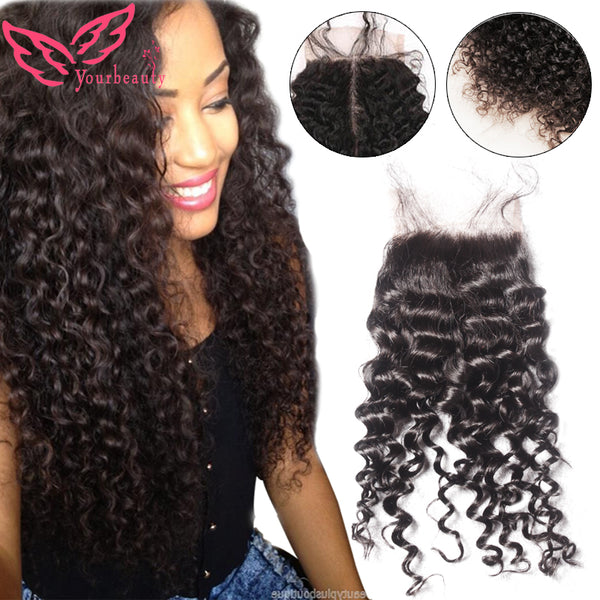 7A 3.5*4 Brazilian Deep Curly Closure Unprocessed Virgin Human Hair Top Lace Closure Bleached Knots Free Middle 3 Part Closure