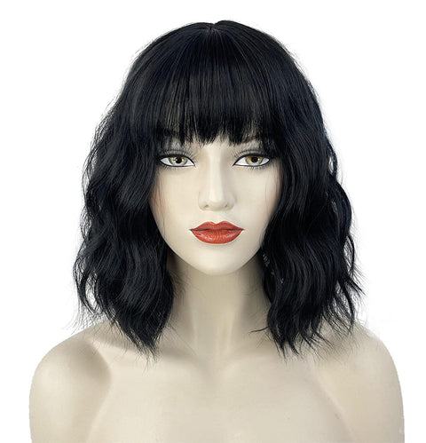 Qp hairTRUMOST Pink Short Curly Wavy Bob Wigs with Air Bangs - Pastel Realistic Shoulder Length Hair Wig Heat Resistant Synthetic Wig for Women Girls Daily Party Cosplay Use 12 inches