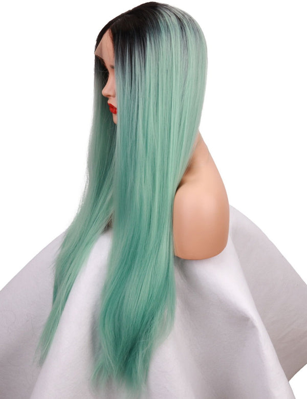 Qp Hair 1B Green Two Tone Color Synthetic Lace Front Wig for Women Long Silky Straight Heat Friendly Fiber Hair Cosplay Party Wig