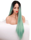 Qp Hair 1B Green Two Tone Color Synthetic Lace Front Wig for Women Long Silky Straight Heat Friendly Fiber Hair Cosplay Party Wig