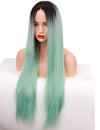 Qp Hair 1B Green Two Tone Color Synthetic Lace Front Wig for Women Long Silky Straight Heat Friendly Fiber Hair Cosplay Party Wig