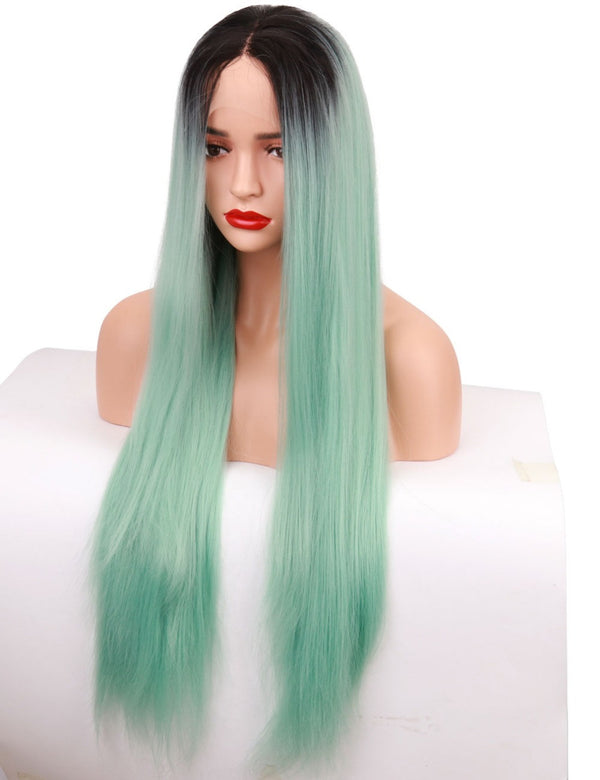 Qp Hair 1B Green Two Tone Color Synthetic Lace Front Wig for Women Long Silky Straight Heat Friendly Fiber Hair Cosplay Party Wig