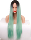 Qp Hair 1B Green Two Tone Color Synthetic Lace Front Wig for Women Long Silky Straight Heat Friendly Fiber Hair Cosplay Party Wig