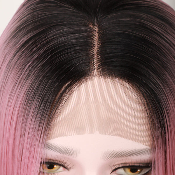 Qp Hair Black Ombre Pink Straight Bob Synthetic Lace Front Wigs For Women High Temperature Short Hairstyles Natural Afro Wigs