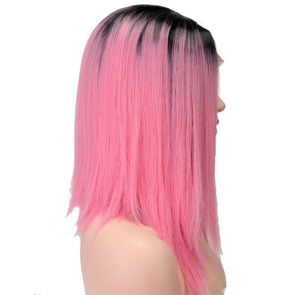 Qp Hair Black Pink Ombre Lace Front Wig Synthetic Bob Wigs For Black Women Short HairStyles Middle Part Heat Resistant Wigs