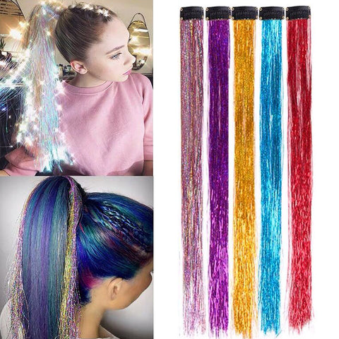 Qp hairClip-In One Piece Synthetic Hair Extensions Sparkle Shiny Fake Hair Women Hippie for Braiding Headdress Tinsel Rainbow Dazzles