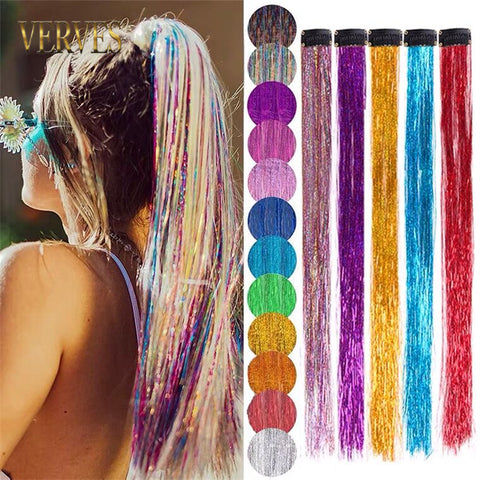 Qp hairClip-In One Piece Synthetic Hair Extensions Sparkle Shiny Fake Hair Women Hippie for Braiding Headdress Tinsel Rainbow Dazzles