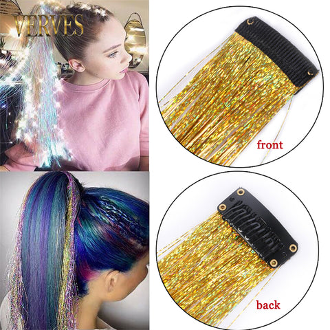 Qp hairClip-In One Piece Synthetic Hair Extensions Sparkle Shiny Fake Hair Women Hippie for Braiding Headdress Tinsel Rainbow Dazzles