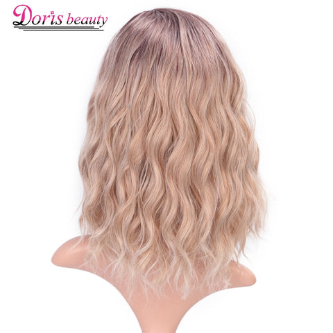 Doris BEAUTY Ombre Blonde Short Wig Water Wave Synthetic Wigs for Women Pink Purple Grey Red Black Cosplay Female False Hair
